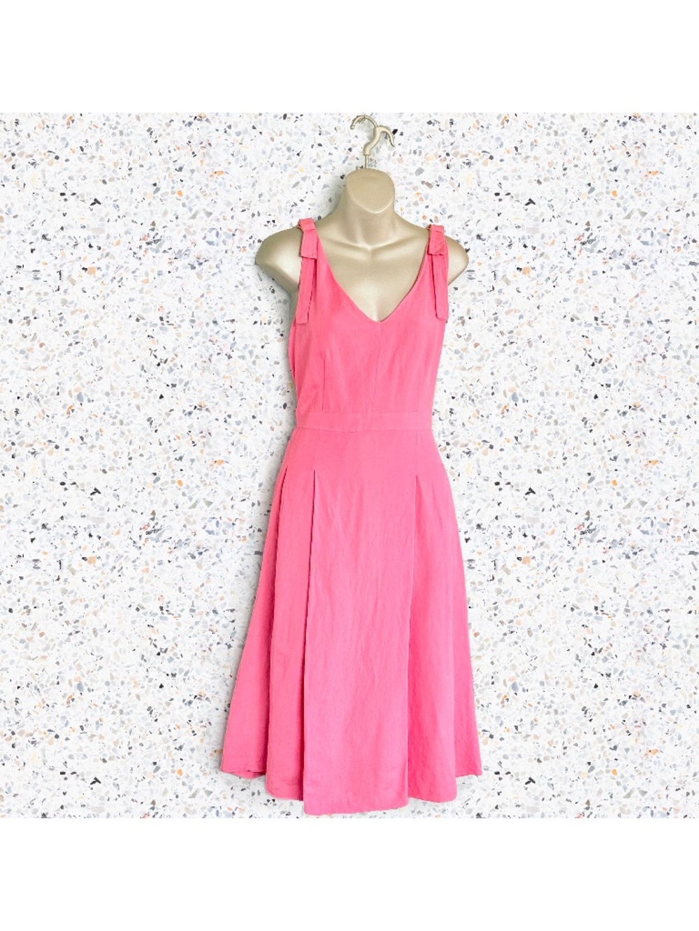 Barbiecore Coquette Cottage Pink Linen Tie-Shoulder Bow Pleated Midi Dress Sz 6